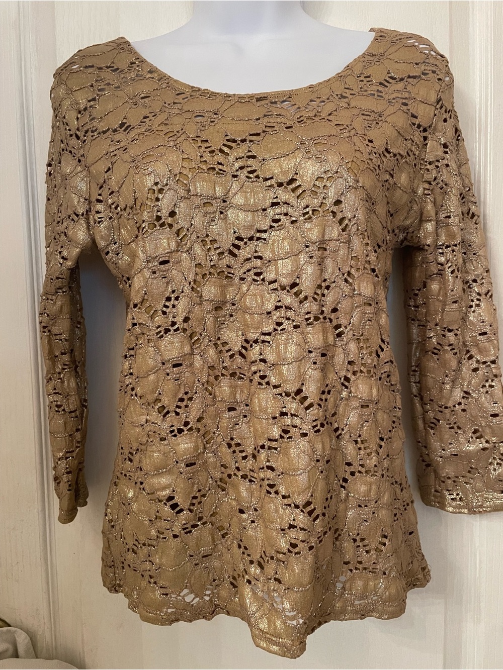 Peck & Peck Metallic Tan Crochet Scoop-Neck Top